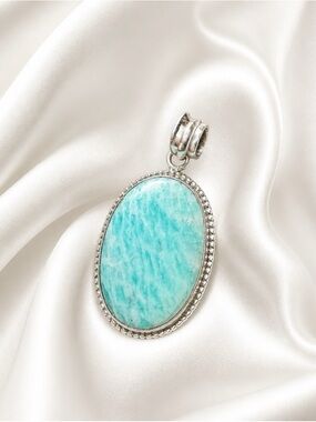 Sterling Silver Amazonite Oval Pendant - Aqua Blue